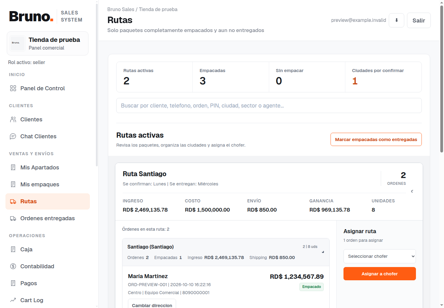 Bruno Sales Route Manager interface with sample data